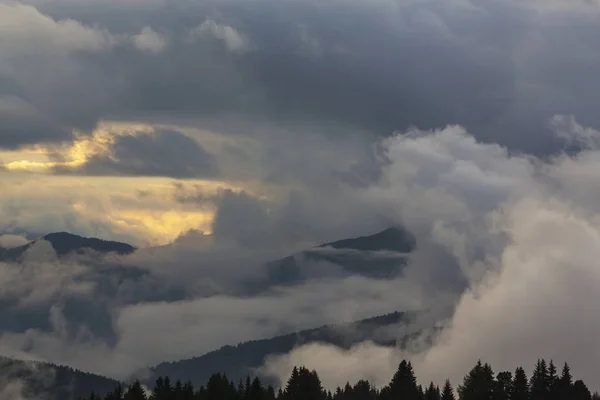 Beau Paysage Montagne Automne Avec Nuages Brumeux Brouillard Forêts Sauvages — Photo