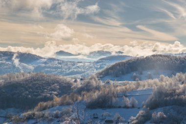 Güzel sonbahar dağ manzarası ile sis bulutları, sis ve vahşi orman