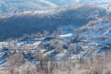 Güzel sonbahar dağ manzarası ile sis bulutları, sis ve vahşi orman