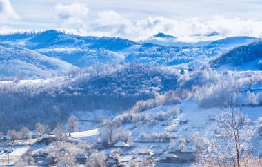 Güzel sonbahar dağ manzarası ile sis bulutları, sis ve vahşi orman