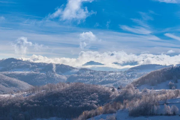 Schöne Herbstliche Berglandschaft Mit Nebelwolken Nebel Und Wilden Wäldern — Stockfoto