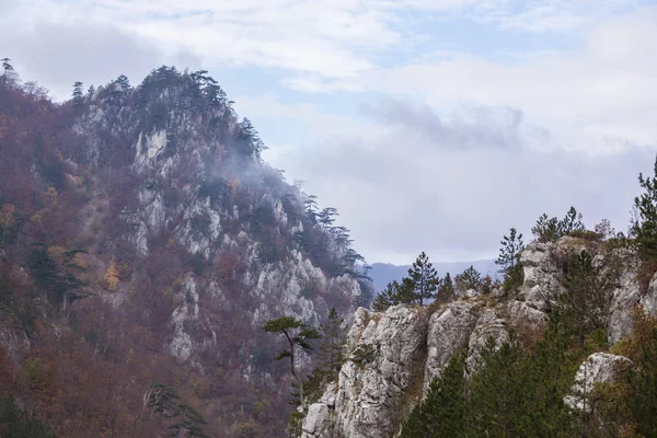 Unheimliche Landschaft Einer Abgelegenen Ländlichen Gegend Den Bergen Mit Nebelschwaden — Stockfoto
