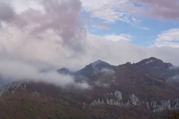 Bellissimo Paesaggio Autunnale Montagna Con Fogliame Dorato Nella Foresta Nuvole — Foto Stock