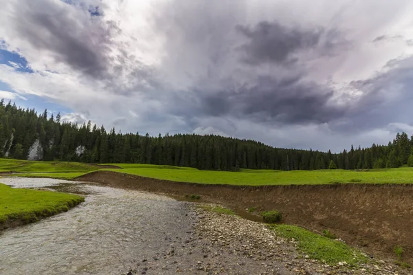 Bellissimo Paesaggio Montagna Estate Con Prato Verde Incontaminato Lago Mezzo — Foto Stock