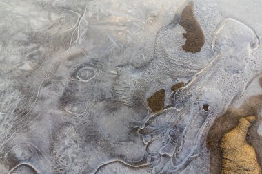 Soğuk bir kış sabahı, vahşi bir nehir kıyısında, kar ve donla