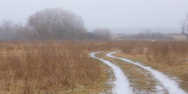 Kışın, uzak bir kırsal alanda, kışın karla kaplı bir köy yolu.