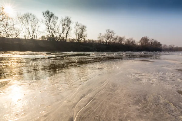 Día Frío Invierno Por Mañana Orilla Río Salvaje Con Heladas — Foto de Stock