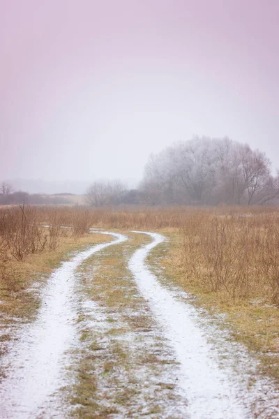 Snow Covered Country Road Remote Rural Area Winter — Stock Photo, Image