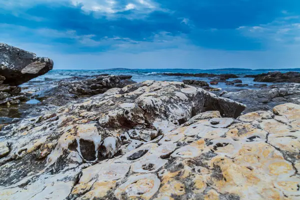 Klippformationer Vid Adriatiska Havet Sommaren Varmt Kvällsljus — Stockfoto