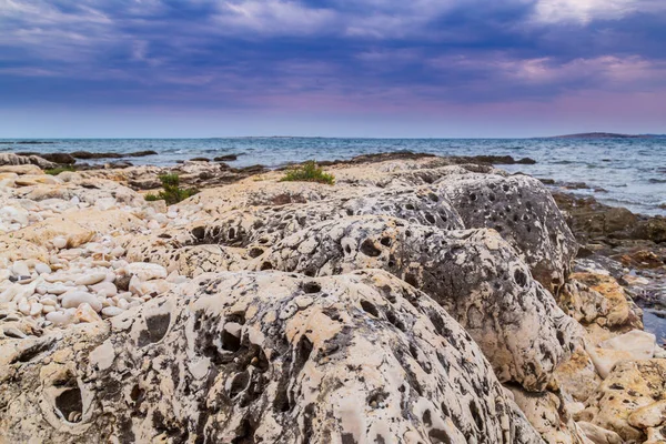 Formațiuni Stâncoase Marea Adriatică Timpul Verii Sub Lumină Caldă Seara — Fotografie, imagine de stoc