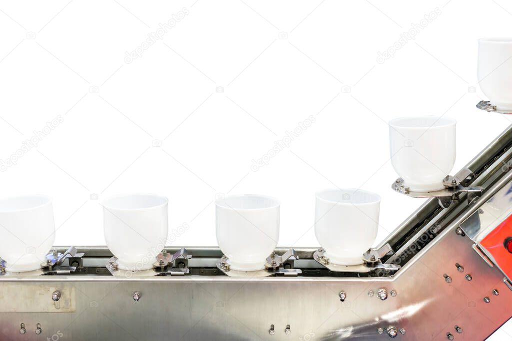 Modern buckets chain or bowl commercial conveyor (cup feeder) for material transport industrial isolated on white background with clipping path