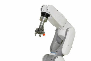Sanayi robotu kolu ve çok amaçlı hızlı kavrama beyaz arkaplanda izole edildi