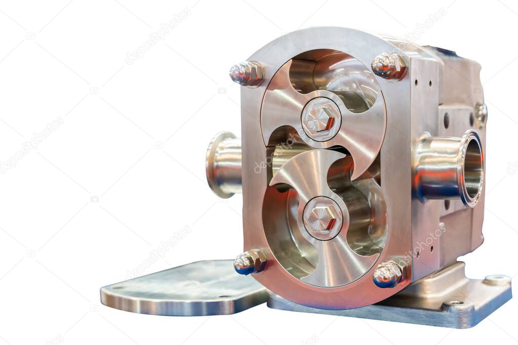 Close up High technology and quality rotary or lobe gear high pressure vacuum pump for control constant flow rate water solvent chemical liquid or oil isolated on white background with clipping path