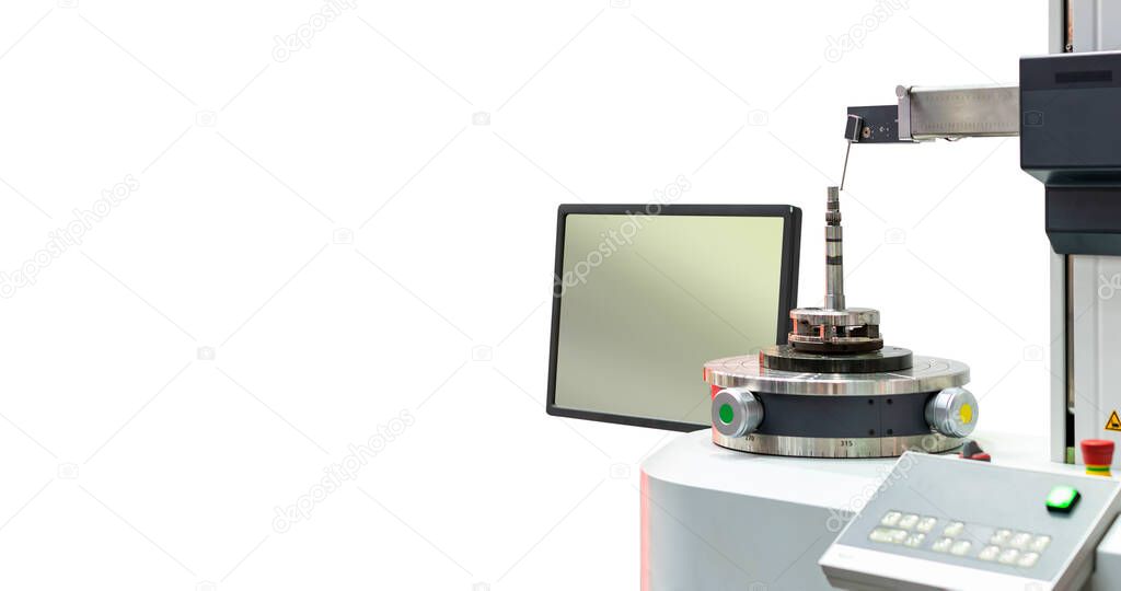 various parts from manufacturing during inspection by automatic probe of precision multi measuring machine such contour roughness surface run out dimension etc. isolated + clipping path & copy space