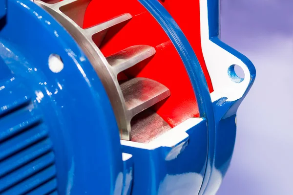 Close up cross section detail inside impeller centrifugal high pressure pump for industrial