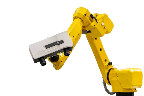 高技術のヘッドレンズユニット及びクリッピングパスを有する白に隔離された産業製造プロセスのためのロボットアームにおける測定又はリバースエンジニアリングのための現代的な自動3Dレーザースキャン — ストック写真