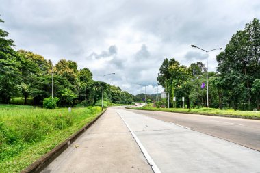 Hava bulutlu arka planda ağaç ve lamba direkli güzel, boş karayolu.