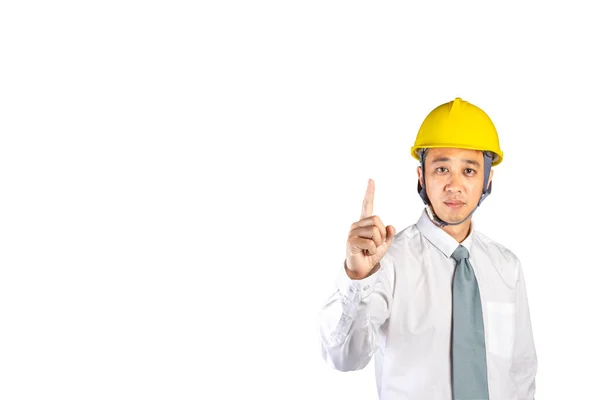 Asian Technician Engineer Wear Safety Helmet Point Finger Isolated White — Stock Photo, Image