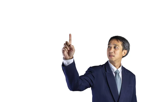 Азіатський Бізнесмен Одягнений Костюм Думати Вказати Пальцем Ізольований Білому Тлі — стокове фото