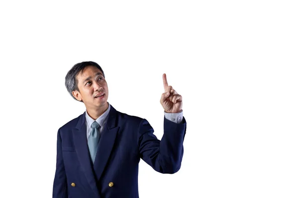 Азіатський Бізнесмен Одягнений Костюм Думає Вказує Пальцем Вгору Невеликою Посмішкою — стокове фото