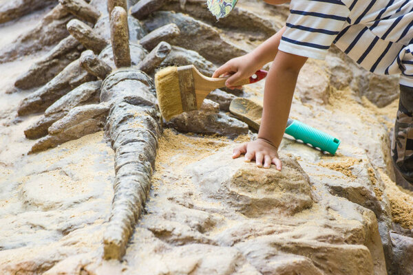 Children learning about, Excavating dinosaur fossils simulation in the park. 