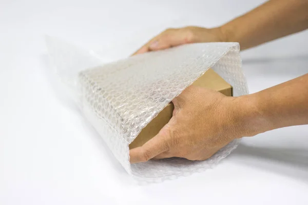 Hand Man Hold Bubble Wrap Protection Cracked Product Covering Protection — Stock Photo, Image