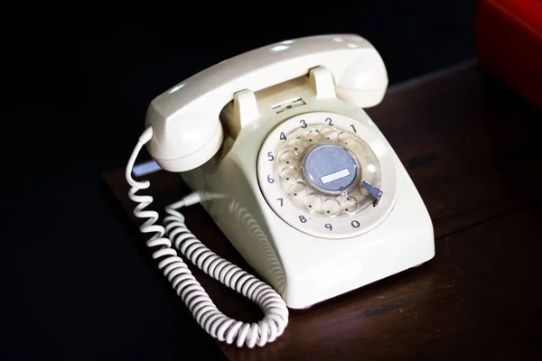 Retro Drehbares Altes Weißes Telefon Auf Holztisch Der Vintage Zifferblatt — Stockfoto
