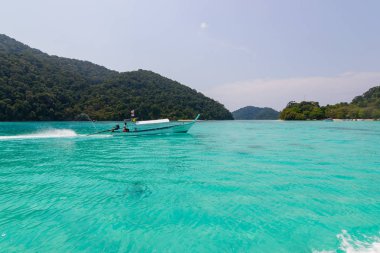 Seyahat Tayland, Phang nga, Tayland - 14 Şubat 2016: Surin Adası bir turizm olarak özellikli güzelliğine denizin altında. Ziyaretçi varış adada karşılamaya kapıyı.