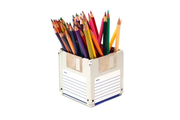 Recykling Dyskietki Creative Obiekty Używane Przestarzałych Mebli Opracowany Kolorów Ołówek — Zdjęcie stockowe