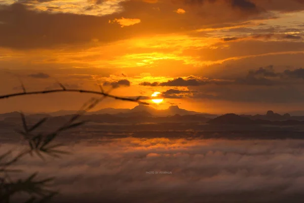 Light morning sunrise with fog and natural radiance, From the mountain views, Krabi - THAILAND