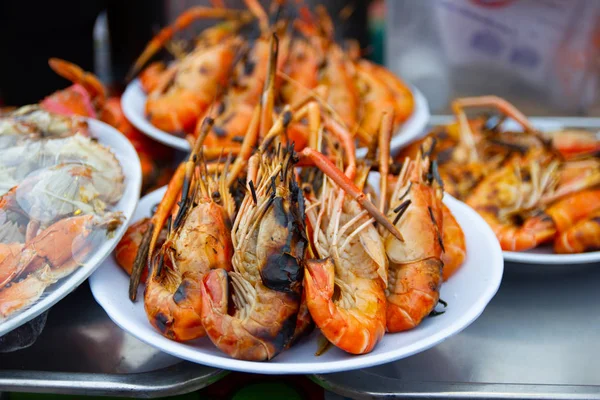Gegrilde Garnalen Zeevruchten Tabel Markt Van Bangkok Thailand — Stockfoto