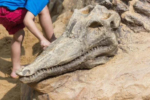 Crianças Aprendendo Sobre Escavando Simulação Fósseis Dinossauros Parque Bangkok Thaiand — Fotografia de Stock