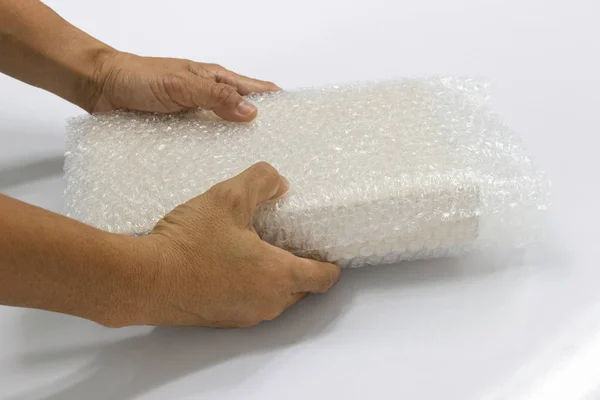 Man Hands Bubble Wrap Protection Product Cracked Insurance Transit Table — Stock Photo, Image