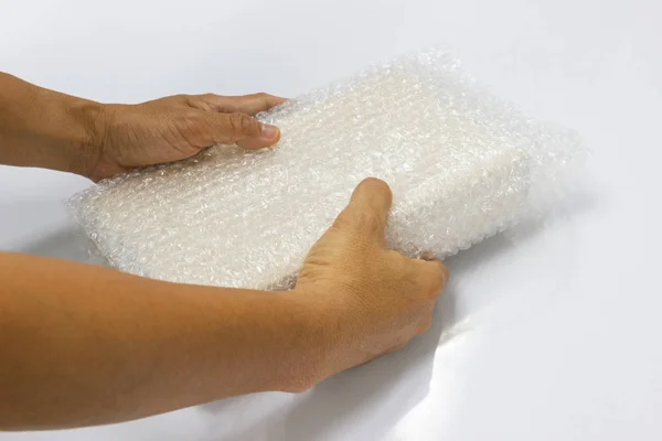 Hand Man Hold Bubble Wrap Packing Protection Product Cracked Insurance — Stock Photo, Image