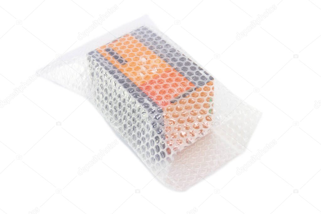 box and bubble wrap, for protection product isolated on white background, conecpt protection of the broken product.