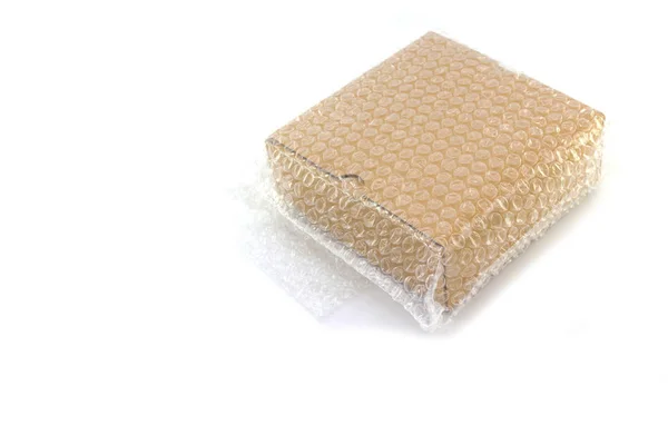 Caixa Marrom Plástico Bolhas Para Produto Proteção Isolado Espaço Cópia — Fotografia de Stock