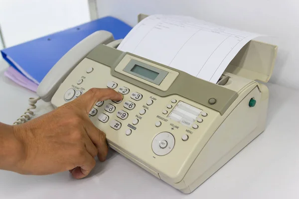 Hand Man Using Fax Machine Send Paper Office Business Concept — Stock Photo, Image