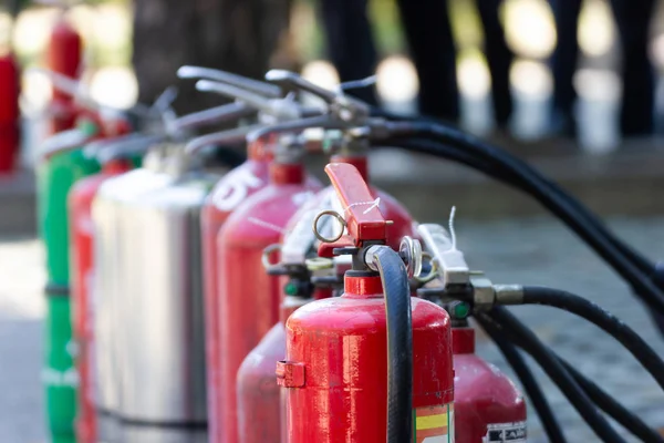 Close Fire Safety Set Different Types Extinguishers Placed Outdoors Staff — Stock Photo, Image