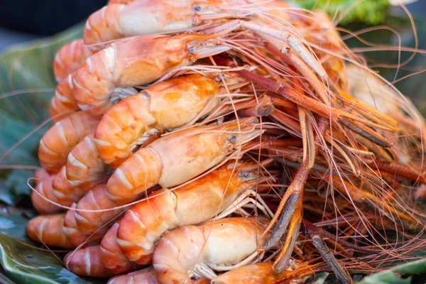 Grilled shrimps seafood on the table in market of Bangkok Thailand