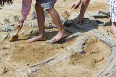Öğrenme hakkında Dinozor fosilleri simülasyon parkta kazı çocuk.