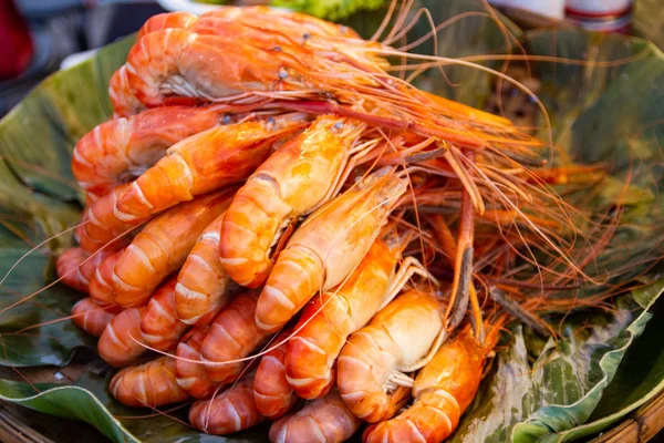 Grillowane Krewetki Owoce Morza Stole Rynku Bangkok Tajlandia — Zdjęcie stockowe