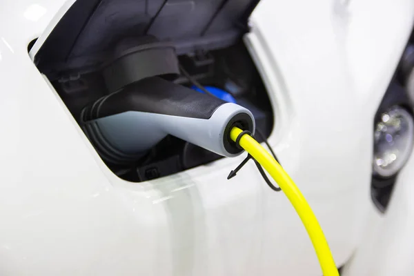 the charging the battery for the car new Automotive Innovations the power supply plugged into an electric car being charged, concept of energy innovation.