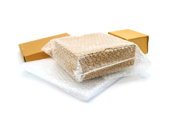 Box Bubble Wrap Protection Product Cracked Insurance Transit Isolated White — Stock Photo, Image