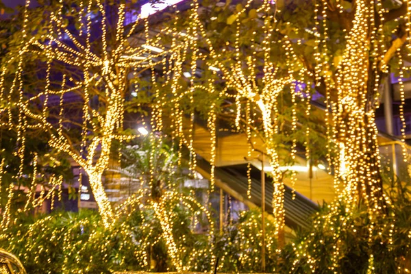 Blurred image Decorative outdoor string lights hanging on tree in the garden at night time festivals season - decorative Christmas lights - happy new year