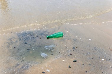 bir plajda çöp ve plastik şişe ve kirli atık 