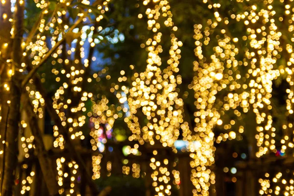 Verschwommene dekorative Outdoor-Lichterketten hängen am Baum in der — Stockfoto