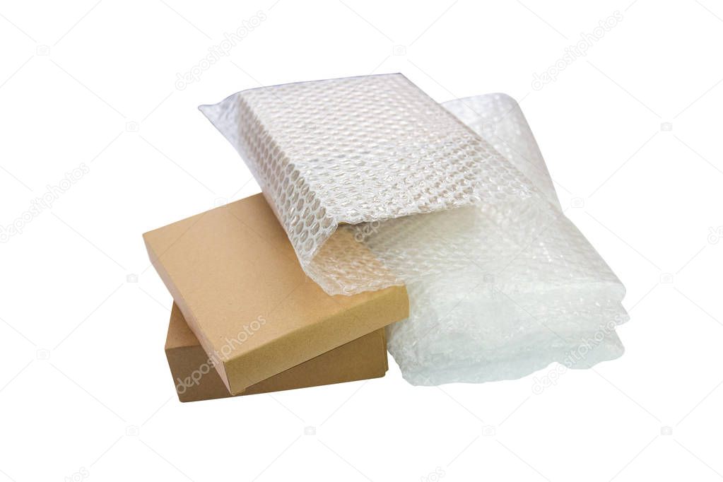 Bubbles covering the box by bubble wrap for protection product cracked  or insurance During transit -isolated white background 