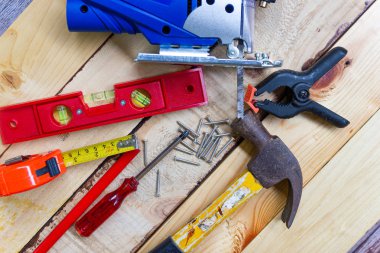 Ağaç işleme konsepti için aletler Inşaat ekipmanları 