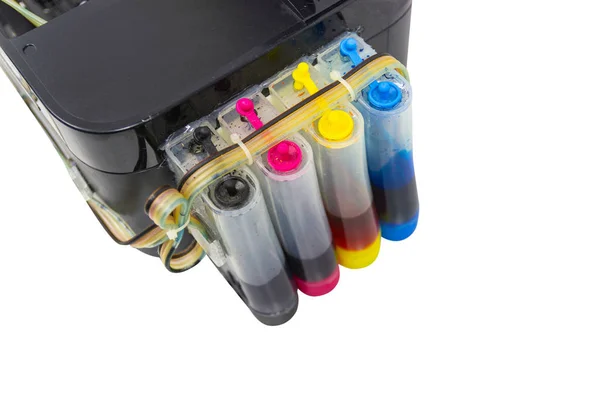 Kolorowy zbiornik na drukarce atramentowej z zainstalowanym na zewnątrz — Zdjęcie stockowe
