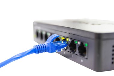 Lan bağlantı noktasını bağlamak için mavi ağ kabloları 